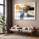 Quadro com Moldura e Acrilico Cristal Vidro Sala Quarto Abstrato Laranja e Azul Ilustração bege Decorativo Horizontal G