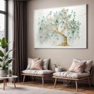 Quadro com Moldura e Acrilico Cristal Vidro Sala Quarto Arvore Azul Verde Arte Decorativo Horizontal Grande Hall