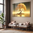 Quadro com Moldura e Acrilico Cristal Vidro Sala Quarto Arvore Dourada Decorativo Horizontal Grande Hall