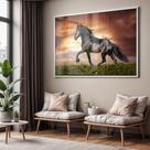 Quadro com Moldura e Acrilico Cristal Vidro Sala Quarto Cavalo Preto Decorativo Horizontal Grande Hall