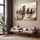 Quadro com Moldura e Acrilico Cristal Vidro Sala Quarto Cavalos Correndo Cavalo Luxo Decorativo Horizontal Grande Hall