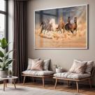 Quadro com Moldura e Acrilico Cristal Vidro Sala Quarto Cavalos Correndo Deserto Decorativo Horizontal Grande Hall