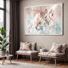 Quadro com Moldura e Acrilico Cristal Vidro Sala Quarto Floral Rosa Cores Floral Abstrato Decorativo Horizontal Grande
