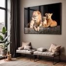 Quadro com Moldura e Acrilico Cristal Vidro Sala Quarto Leão Família Decorativo Horizontal Grande Hall