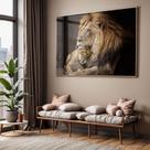 Quadro com Moldura e Acrilico Cristal Vidro Sala Quarto Leão Leoa Família Decorativo Horizontal Grande Hall