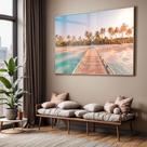 Quadro com Moldura e Acrilico Cristal Vidro Sala Quarto Paisagem Praia Pier Decorativo Horizontal Grande Hall