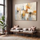 Quadro com Moldura e Acrilico Cristal Vidro Sala Quarto Pintura Arte Abstrato Bege Branco Marrom Dourado Decorativo Hor
