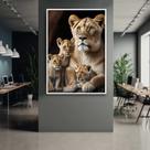 Quadro com Moldura Leoa 3 Filhotes Decorativo Grande Sala Quarto Hall Escritório Cozinha Vertical