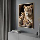 Quadro com Moldura Leoa 3 Filhotes Decorativo Grande Sala Quarto Hall