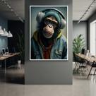 Quadro com Moldura Macaco Rapper Fone Decorativo Grande Sala Quarto Hall Escritório Cozinha Vertical
