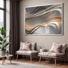 Quadro com Moldura Sala Quarto Abstrato Arte Ondas Dourado Decorativo Horizontal Grande Hall