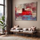 Quadro com Moldura Sala Quarto Abstrato Azul Vermelho Decorativo Horizontal Grande Hall