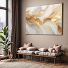 Quadro com Moldura Sala Quarto Abstrato Dourado Branco Mármore Decorativo Horizontal Grande Hall
