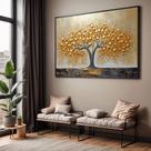 Quadro com Moldura Sala Quarto Arvore Dourada Pintura Decorativo Horizontal Grande Hall
