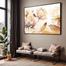 Quadro com Moldura Sala Quarto Bege Floral Decorativo Horizontal Grande Hall