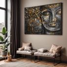 Quadro com Moldura Sala Quarto Buda Face Dourado Preto Decorativo Horizontal Grande Hall