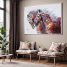 Quadro com Moldura Sala Quarto Cavalos Arte Abstrata Decorativo Horizontal Grande Hall Cor:Moldura BrancaTamanho:130 X