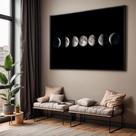 Quadro com Moldura Sala Quarto Fases da Lua Decorativo Horizontal Grande Hall Cor:Moldura PretaTamanho:130 X 90 X 3 cm