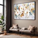 Quadro com Moldura Sala Quarto Floral Branca Dourada Abstrato Decorativo Horizontal Grande Hall