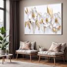 Quadro com Moldura Sala Quarto Flores Branca e Dourada Decorativo Horizontal Grande Hall Cor:Moldura BrancaTamanho:90 X