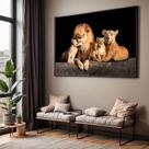 Quadro com Moldura Sala Quarto Leões Família 2 Filhotes Decorativo Horizontal Grande Hall
