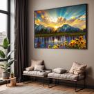 Quadro com Moldura Sala Quarto Montanhas com Girasol Paisagem Decorativo Horizontal Grande Hall