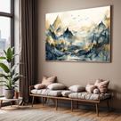 Quadro com Moldura Sala Quarto Paisagem Abstrato Montanhas Azul Bege Decorativo Horizontal Grande Hall