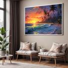 Quadro com Moldura Sala Quarto Paisagem Por do Sol Praia Coqueiros Decorativo Horizontal Grande Hall Cor:Moldura Branca