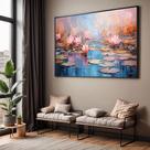 Quadro com Moldura Sala Quarto Pintura Arte Flores Lottus Decorativo Horizontal Grande Hall