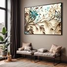 Quadro com Moldura Sala Quarto Planta Floral Bege Marrom Verde Decorativo Horizontal Grande Hall