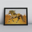 Quadro com molduracavalo dourado correndo