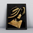 Quadro com molduraface mulher dourada chapeu