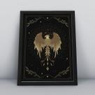 Quadro com moldurafênix voando dourada