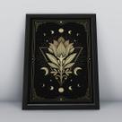 Quadro com molduraflor de lotus e fases da lua dourada Quadro com molduraflor de lotus e fases da lua dourada