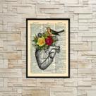 Quadro Coração Com Flores E Pássaro 33x24cm - com vidro