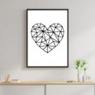 Quadro Coração Geométrico - Preto e Branco 33x24cm - com vidro