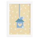 Quadro Coruja Baby Azul Passarinho Moldura Branca 22x32