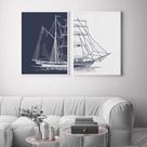 Quadro decorativo 2 peças 40x60 nórdico náutico barco navio azul branco moderno abstrato sala