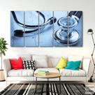 Quadro Decorativo 5 peças Medicina Stetoscópio Azul 140x65