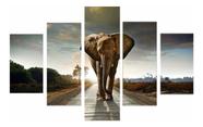 Quadro Decorativo 5 Peças Sala Quarto Elefante Na Estrada
