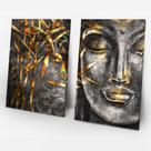 Quadro Decorativo Cabeça Buda Prata Folhas Douradas 2 Telas 40X60