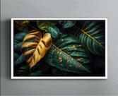 Quadro Decorativo Canvas Premium Filete Folhagens Folhas Verde Dourada