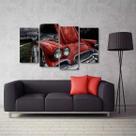 Quadro Decorativo Carro Antigo Vermelho Em Tecido 4 Peças 1R