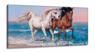 Quadro decorativo Cavalos Branco e Marrom Arte 130x60 em Tecido Canvas
