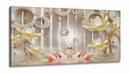 Quadro Decorativo Cisnes Rosa Flores Douradas Estilo 3d em Tecido canvas 130x60