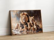Quadro Decorativo com Moldura Acrilico Cristal Luxo Vidro Familia Leao Leoa 4 Filhotes para Sala de Estar, Quarto e Escritório, Hall Horizontal
