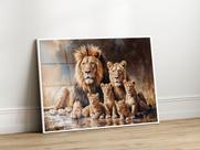 Quadro Decorativo com Moldura Acrilico Cristal Luxo Vidro Familia Leao Leoa 4 Filhotes para Sala de Estar, Quarto e Escritório, Hall Horizontal