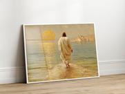 Quadro Decorativo com Moldura Acrilico Cristal Luxo Vidro Jesus Andando Aguas para Sala de Estar, Quarto e Escritório, Hall Horizontal