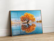 Quadro Decorativo com Moldura Acrilico Cristal semelhante Vidro Árvore Ipe Amarelo Lago para Sala Quarto e Escritório Horiz