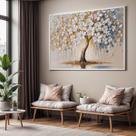 Quadro Decorativo com Moldura Árvore Flores Brancas para Sala de Estar, Quarto e Escritório, Hall Horizontal Quadro Decorativo com Moldura Árvore Flores Brancas para Sala de Estar, Quarto e Escritório, Hall Horizontal